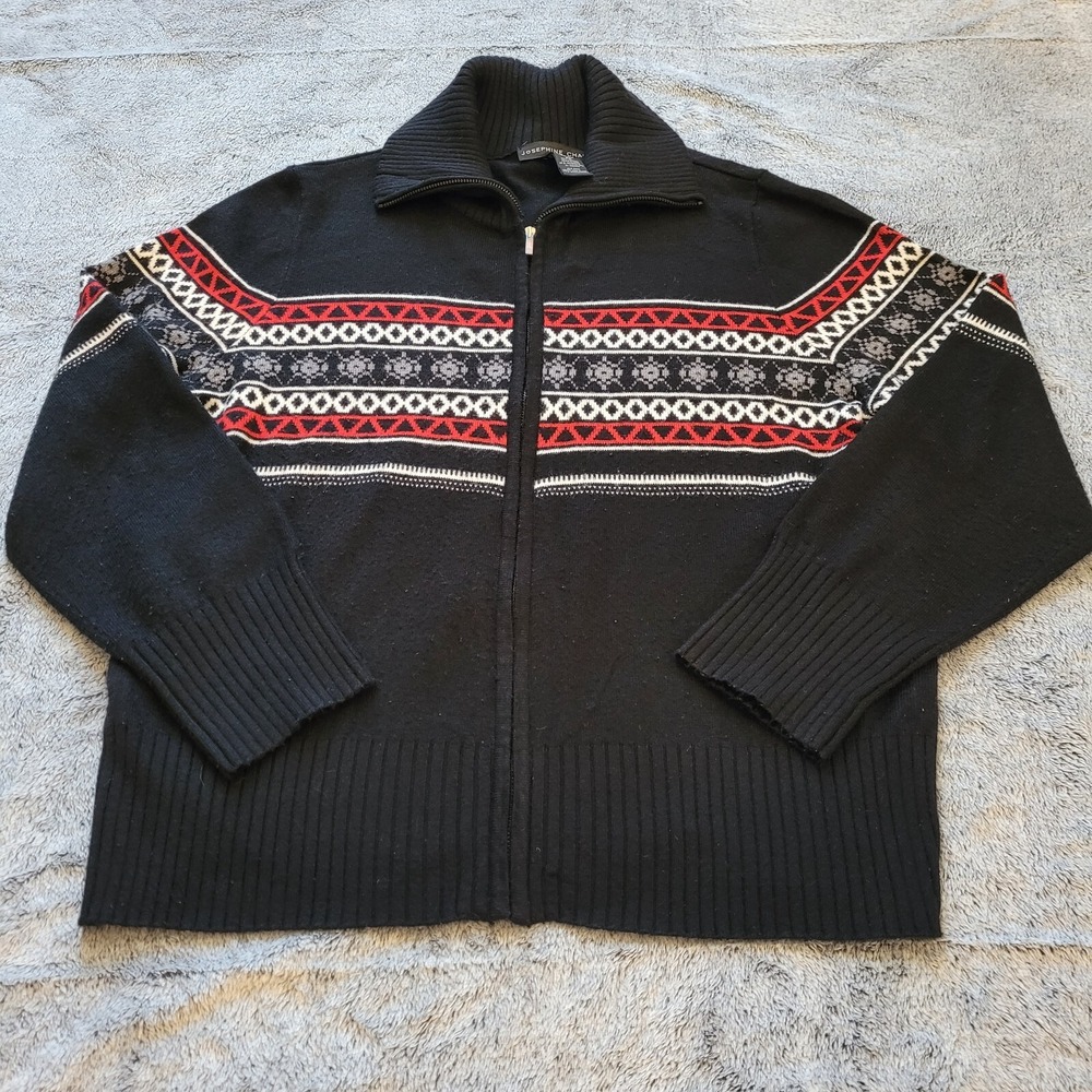 Josephine Chaus Sweater Jacket Size XL Full‎ Zip Black Fair Isle Nordic 15905x